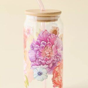 Floral Patterned Glass Tumbler with Straw